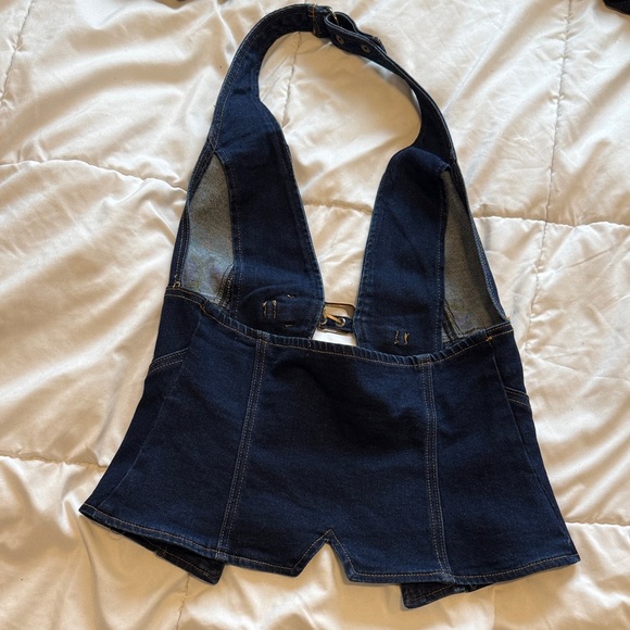 Edikted Dark Blue Denim Halter Top - Picture 3 of 3
